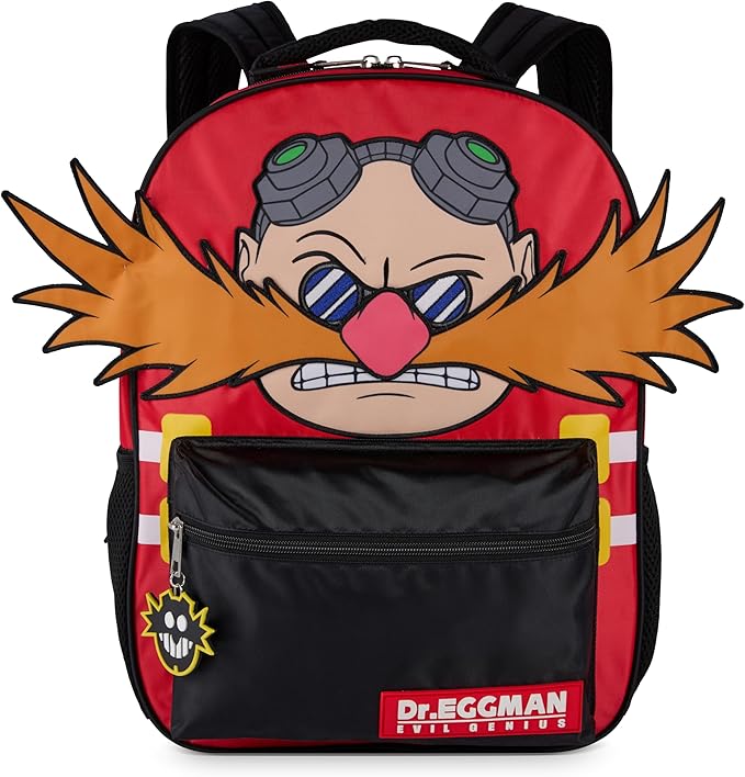 AI ACCESSORY INNOVATIONS Sonic The Hedgehog Backpack for Boys & Girls, Dr. Eggman Big Face 16 Inch Schoolbag with Dr. Eggman Rubber Molded Dangle