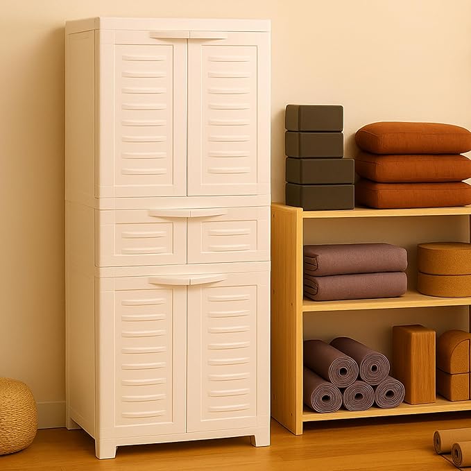 Sunnydaze 57" H Resin Garage Storage Cabinet - Garage Cabinet with 2 Adjustable Shelves - Freestanding Utility Storage for Laundry Room, Office, Basement - Speckled White