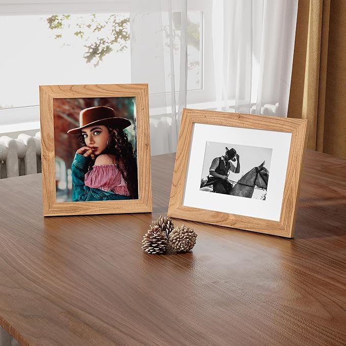 Fun Memories 8x10 Picture Frame with Mat for 5x7 Photo, Solid Elm Wood & Tempered Glass, Rustic Wall & Tabletop Display Frame, Natural, 1 Pack