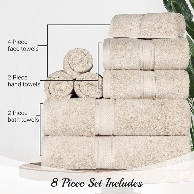 BLUENILEMILLS Madison Egyptian Cotton Towels, Towel Set for Bathroom, Shower, Hotel, Plush, 900 GSM, Highly Absorbent and Ultra-Soft Towels, Bath Essentials, 8 Piece Assorted Towel Set, Cream