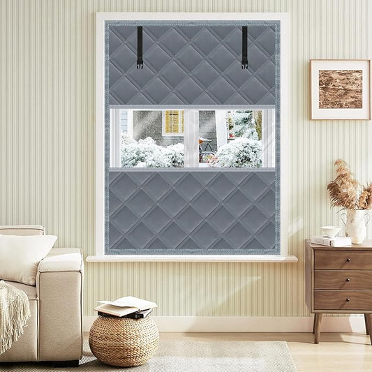 Winter Visible Insulated Window Curtain 47"x63", Oxford Cloth Thermal Insulated Window Cover with Buckles,Heavy Duty Window Insulation Kit Fits Windows up to 46"x62",Grey