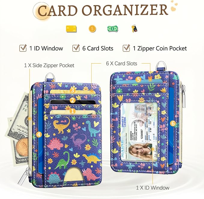 Kelvoris Credit Card Holder Small Wallet Women, Slim RFID, Cute Dinosaur | Keychain, Zipper Coin Pocket, Front Pocket Thin Travel Card Case, Minimalist, 6 Card Slots, 1 ID Window, Ladies Gifts Woman