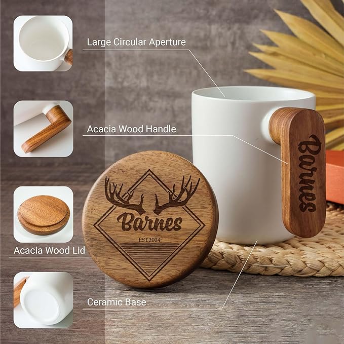 Engraved Ceramic Coffee Mug with Acacia Wood Handle & Lid, 12 oz Personalized Cup for Hot and Cold Drinks, Unique Gift with Stylish Packaging - White
