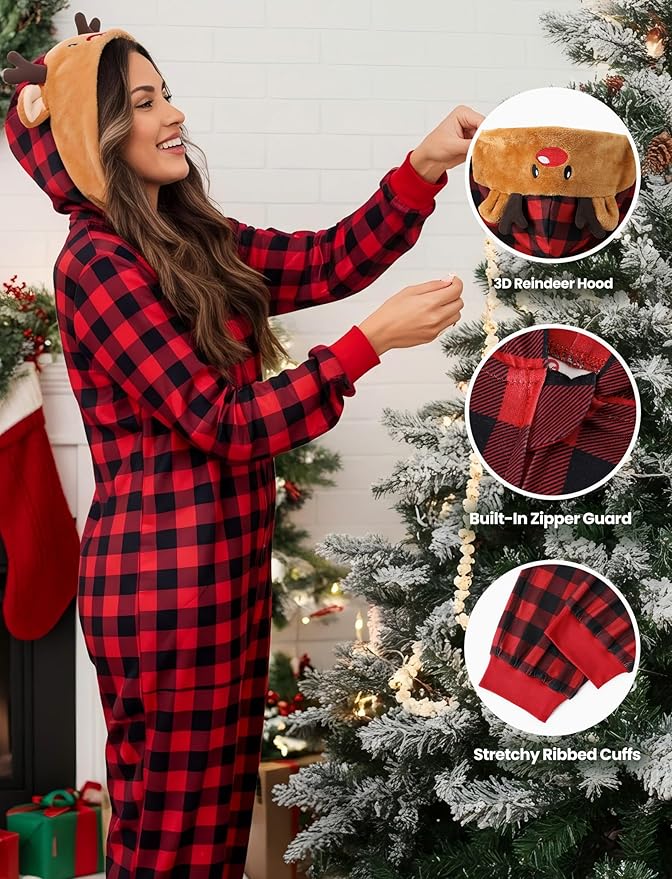PATPAT Matching Family Christmas Onesie Pajamas – Holiday Hooded Jumpsuit Sleepwear PJs Couples Xmas Loungewear with Socks