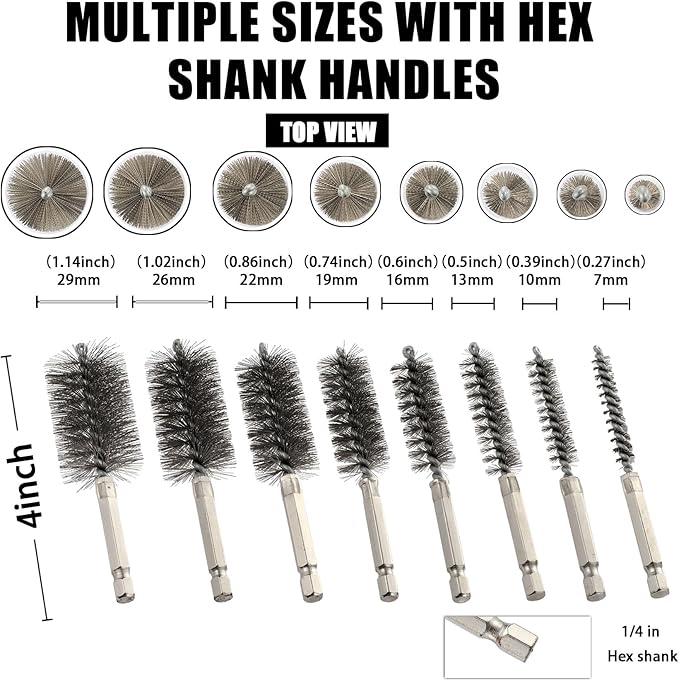 MAXMAN Stainless Steel Bore Brush, 8pcs Wire Brush for Drill, Durable Metal Bristles Twisted, 8 Size Set Multiple Diameter Options, 1/4 Inch Hex Shank, for Power Drill Impact Driver & Tube Cleaning