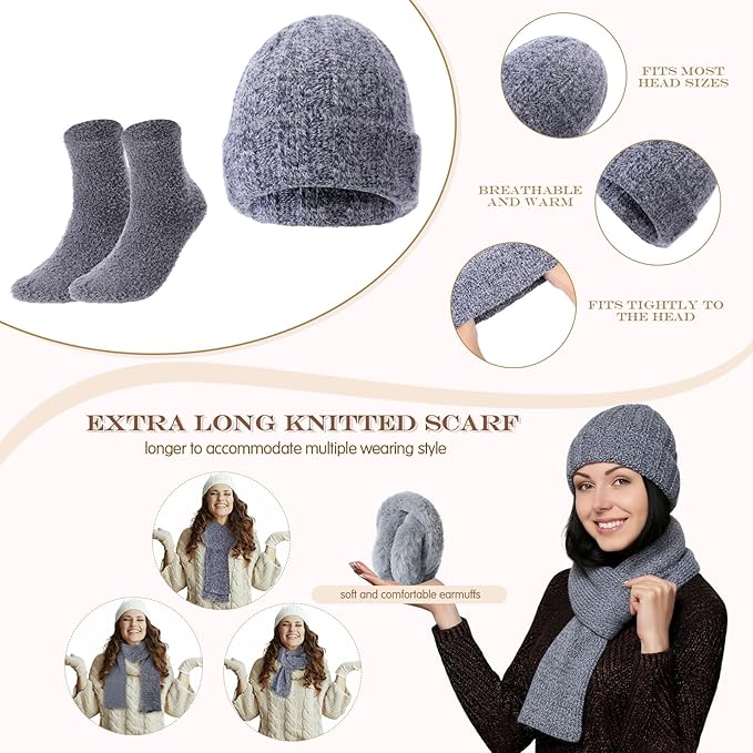 Geyoga 6 Pcs Winter Knit Set Beanie Hat Long Scarf Touchscreen Gloves Ear Muff Socks Warm Valentine Gift for Women Men Snow(Blue,Chic Style)