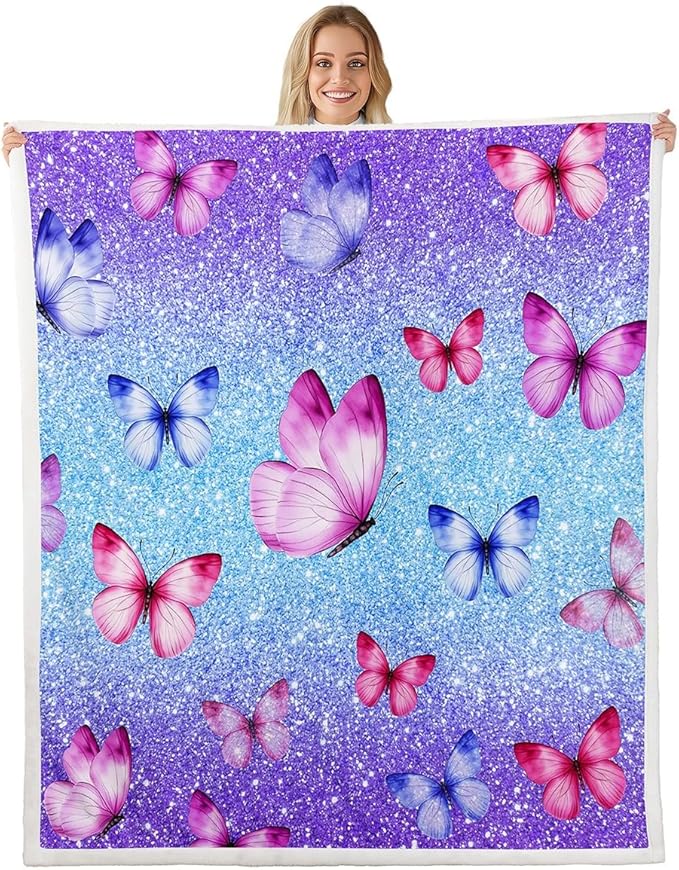 Feelyou Girls Glitter Print Fleece Throw Blanket Throw 50"x60" Kids Blue Purple Butterfly Sherpa Blanket Plush Fuzzy for Bed Couch Chair Living Room, Dreamy Girly Bed Blanket Princess Room Decor