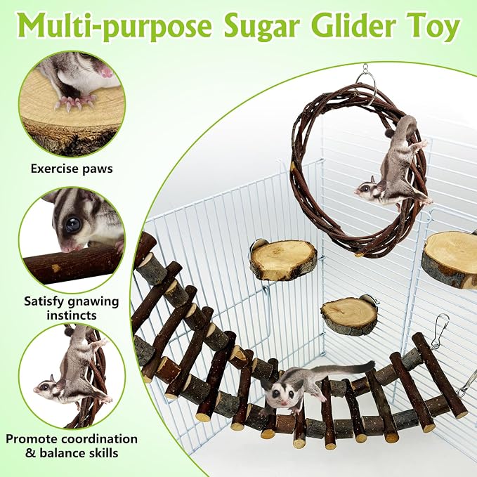 BNOSDM Sugar Glide Cage Accessories 6 Packs Wood Sugar Glider Toys Hanging Cage Ladder Sugar Glider Perch Stand Climbing Platform for Hamster Squirrel