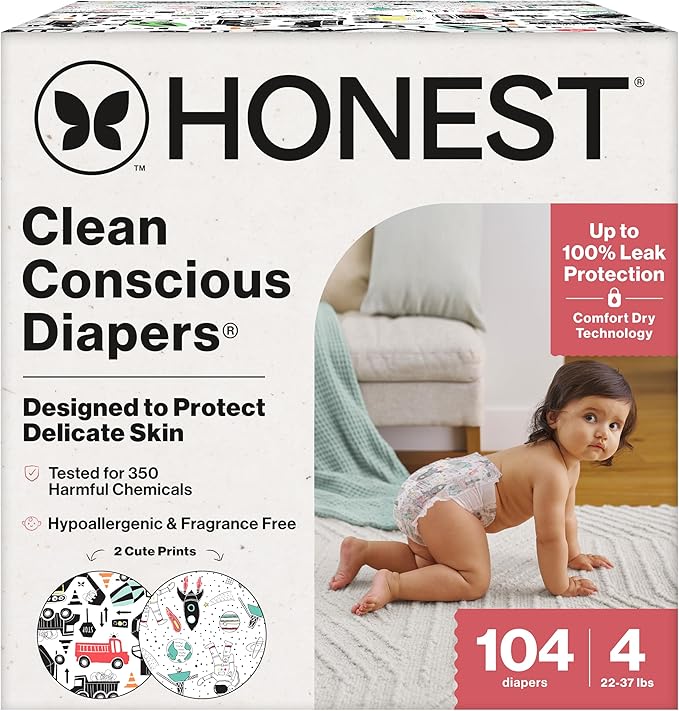 The Honest Company Clean Conscious Diapers for Delicate Skin Up to 100% Leakproof Hypoallergenic Fragrance-Free Baby Gender Neutral Prints Super Club Box Size 4 (22–37 lbs) 104