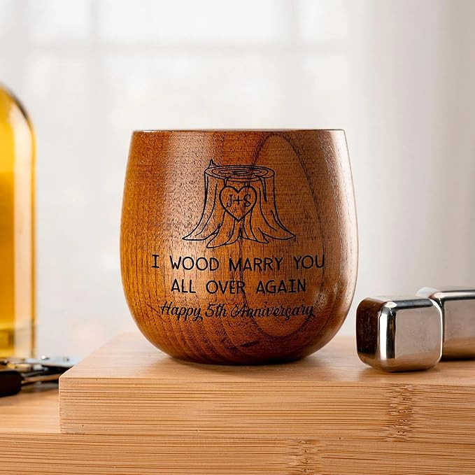 Personalized 5th Anniversary Wedding Gifts - I Wood Marry You All Over Again Wooden Whiskey Glass - Engraved 10 oz Bourbon Gifts for Husband, Boyfriend