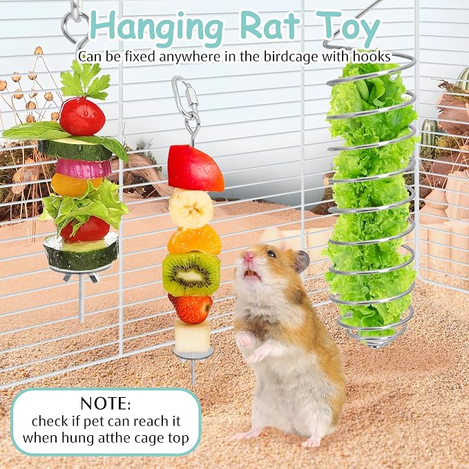 3 PCS Rat Enrichment Toys Stainless Steel Rat Foraging Toy Hanging Slow Feeder Mice Fruit Vegetable Skewer Food Holder Cage Accessories for Rodent Dwarf Hamster Gerbil