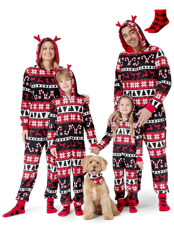 PATPAT Matching Family Christmas Onesie Pajamas – Holiday Hooded Jumpsuit Sleepwear PJs Couples Xmas Loungewear with Socks