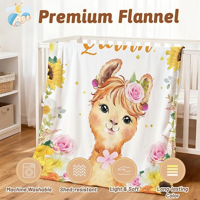Personalized Baby Blanket with Name, Customized Soft Animals Flannel Blankets for Newborn Boys Girls and Toddlers, for New Mom, Infant Birthday Gift, Lama