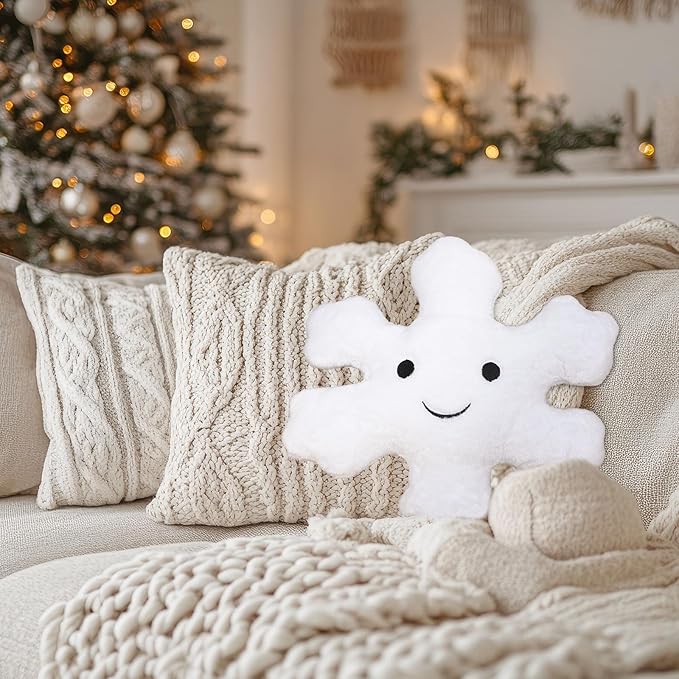 Whaline 2Pcs Christmas Snowflake Pillows Cute Winter Snowflake Shaped Throw Pillow Decorative Xmas White Plush Pillow for Home Office Couch Sofa Bed Decor