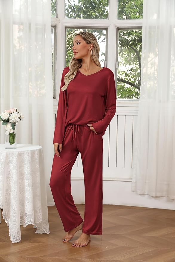 Ekouaer Womens 2 Pack Pajama Set Long Sleeve Pajamas Top and Pants V Neck Pjs Set Soft Loungewear with Pockets