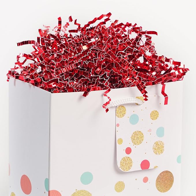 Bobobag - 1LB Crinkle Cut Paper Shred Filler Recyclable Gift Wrap Confetti Raffia Grass Shiny Shred Paper for Easter Baskets Filler Creative Eggs Decor (Red)