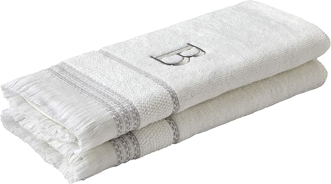 SKL Home Casual Monogram Hand Towel Set, B, 16x26, White 2 Count