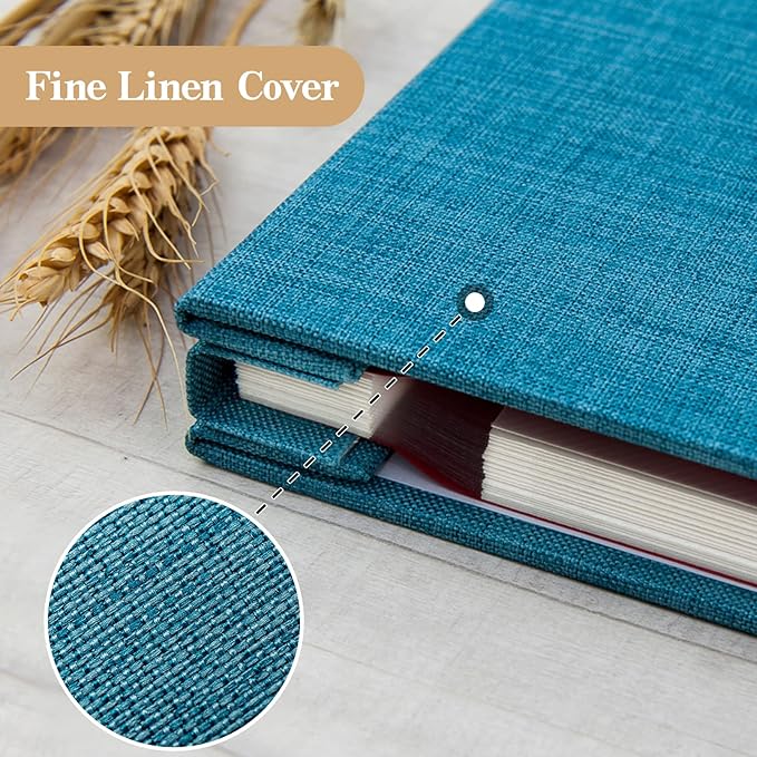 potricher Large Photo Album Self Adhesive 3x5 4x6 5x7 8x10 10x12 Pictures Linen Cover 40 Blank Pages Magnetic DIY Scrapbook Album with A Metallic Pen (Blue, 13.2x12.8 inches 40 Pages)