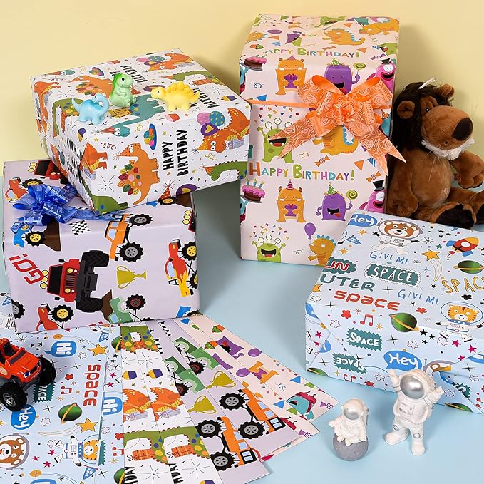 PlandRichW Birthday Wrapping Paper for Boys,Baby,Kids.Gift Wrapping Paper Includes Dinosaur Monster Truck Astronaut 4 Cute styles for Baby Shower Party Holiday.12 Sheets Folded Flat 20" X 29"