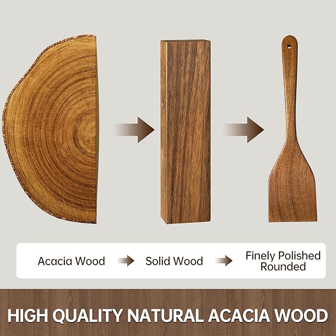 18 PCS Acacia Wooden Spoons for Cooking - Heat-Resistant, Comfort Grip,Easy to Clean, Non-stick Friendly - Kitchen Utensil Set with Holder, Spoon Rest & 6 Hooks, Ideal for Gifting