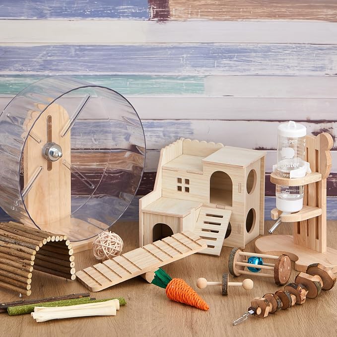 18 Pcs Hamster Cage Accessories Silent Hamster Wheel 15 Toys Set | Maze Wood House and Water Bottle Set for Rat Mice Small Animals Habitat Decor Enrichment Starters(Fun Interactive Style)