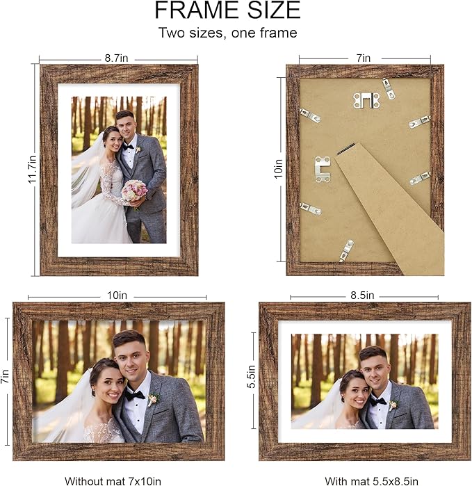 7x10 Picture Frame Set of 4, Made of Real Glass and Rustic Brown Frame - Display Picture 5.5x8.5 with Mat or 7x10 Without Mat, 7 by 10 Photo for Wall or Tabletop