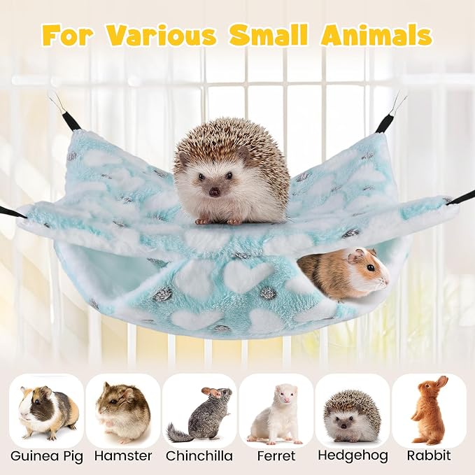 MCEAST 4 Pieces Small Pets Cage Accessories Hanging Hammock Sleeping Bag Tunnel and Bed Hideout Set Warm Sleep Nap Sack Bed for Hamster Ferret Squirrel Rabbit, Light Blue Hearts