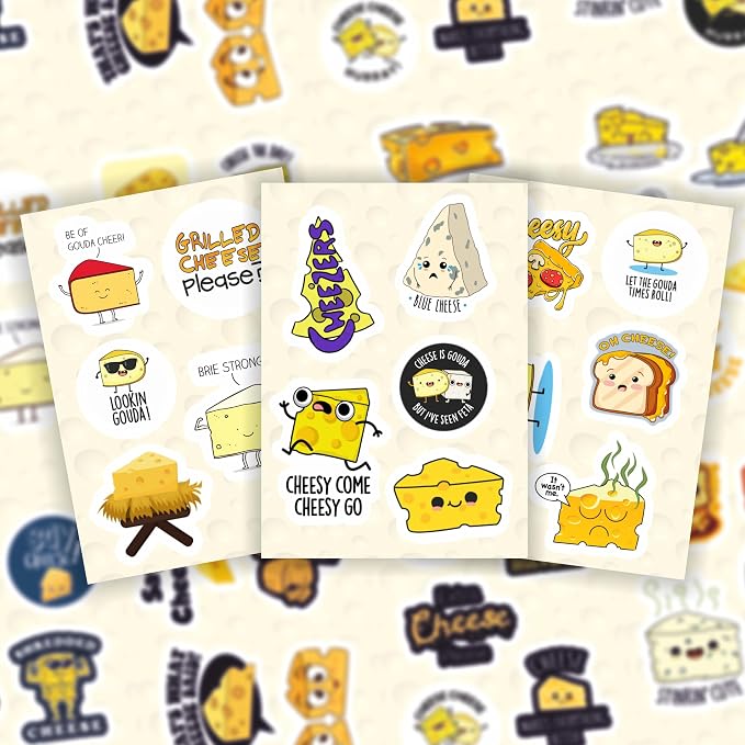 Funny Cheese Stickers for Water Bottle and Laptop - Cheese Party Supplies & Decorations, Waterproof Vinyl Decals, Food Stickers, Gifts for Women & Men