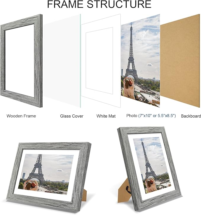 7x10 Picture Frame Set of 4, Made of Real Glass and Grey Frame - Display Picture 5.5x8.5 with Mat or 7x10 Without Mat, 7 by 10 Photo for Wall or Tabletop