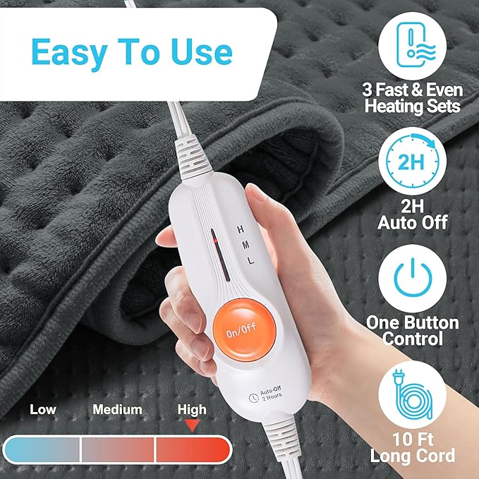 Boileau Electric Heating Pad for Back Pain and Period Cramps Relief, 17"x33" Extra Large XXXL, 3 Heating Levels Heat Pad with 2-Hour Auto Shut Off, Gifts for Women and Mom, Grey