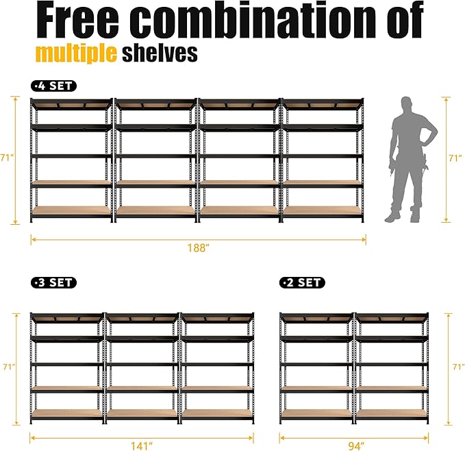 PrimeZone 2 Pack Heavy Duty Storage Shelves - 47"W x 18"D x 71"H 5 Tier Adjustable Garage Storage Shelving, Metal Utility Rack Organizer Shelf Unit for Warehouse Pantry Closet Kitchen Basement, Black