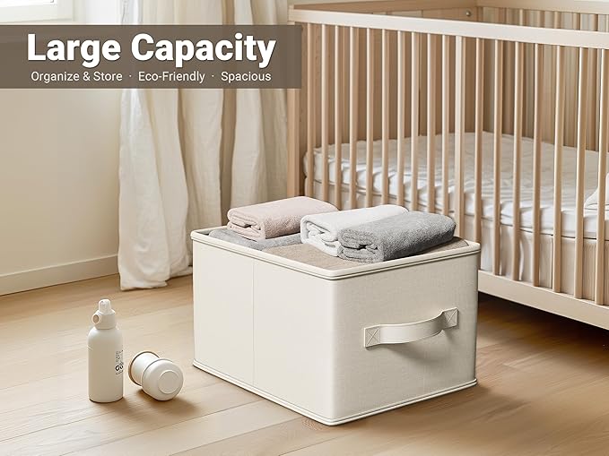 Fabric Storage Bins | Closet Bin Shelf Organizer Shelf Basket | Collapsible Linen Closet Organizer Storage Cube | 14¾"L x 10¼"W x 8¼"H | Storage for Clothes | White & Ivory 3 Pack