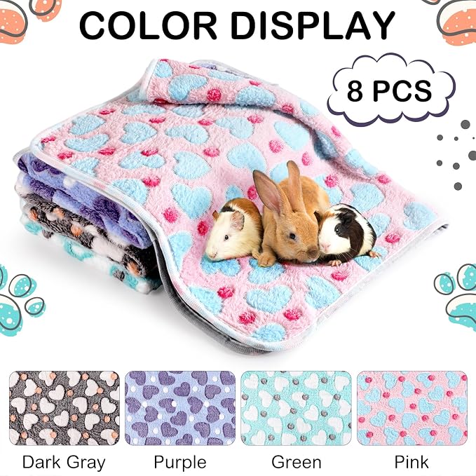 Tudomro 8 Pcs Guinea Pig Fleece Cage Liners, Heart, 14 x 28 Inch | Washable Reusable Small Animal Bedding, Absorbent Blankets for Ferret Chinchilla, Soft Fleece Mat Pads Protect Furniture