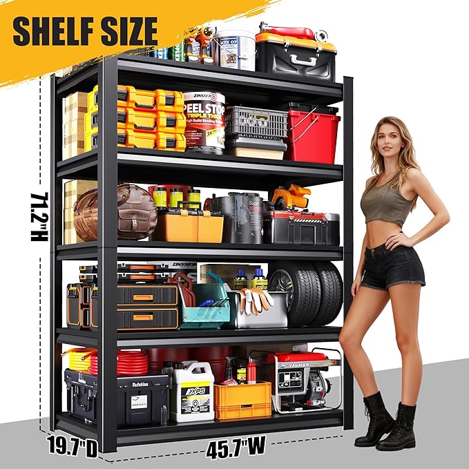 45.7" W Garage Shelving 5-Tier Heavy Duty Storage Shelves, Adjustable Metal Shelving Unit, Utility Garage Organizer Shelf for Basement, Pantry, Warehouse, Supermarket, 45.7" Wx19.7 Dx71.2 H
