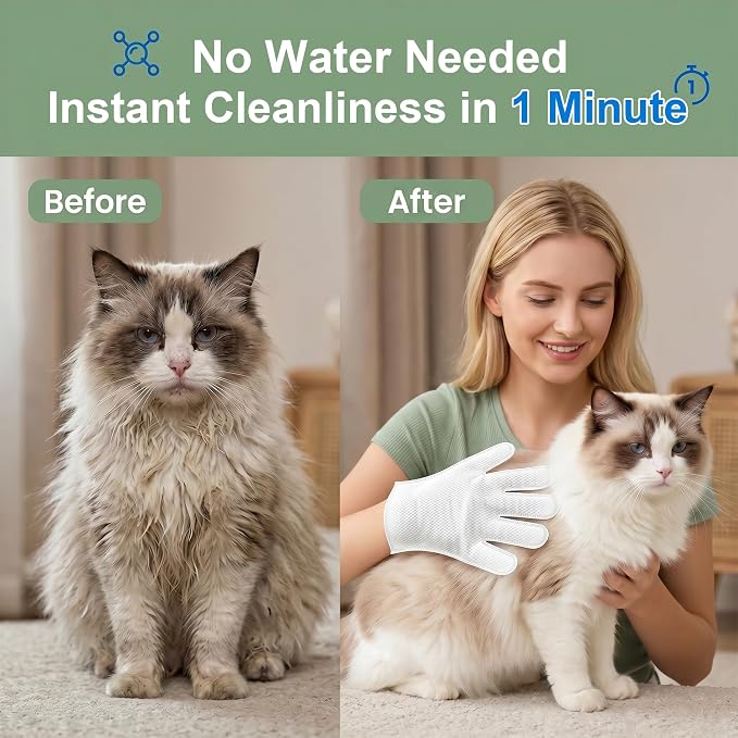 Pet Cleaning Glove Wipes, Plant-Based, Hypoallergenic | No dyes, bath alternative for water-shy dogs, cats, ferrets, guinea pigs; 10x9 inch, 10 pcs travel or daily use