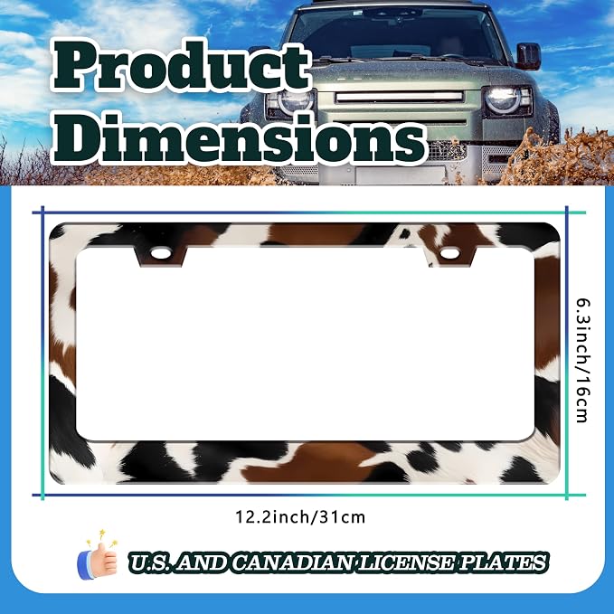 Brown Cow Spots Print License Plate Frame Cow Stainless Steel 6 X 12 Inch | Fits US Standard With Screws Rust Resistant For Car Front Rear Decoration Accessories Easy Installation For Cars SUV Truck
