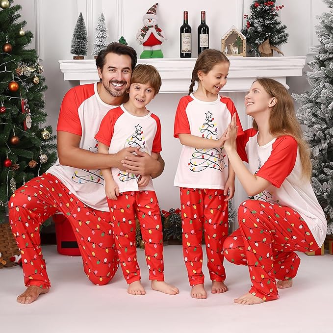 Christmas Pajamas for Family Matching Holiday PJ's Jammies Sets with Short Sleeve Tee and Pants Sleepwear Loungewear