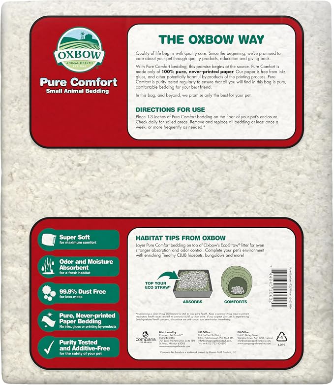 Oxbow Small Animal Bedding, Hamster, Guinea Pig, Rabbit, White, USA, 72 L | Pure Comfort, Hamster Bedding, Guinea Pig Bedding, Low Dust, Virgin Paper, Litter Box, Bunny, Rats, Gerbils, Chinchillas