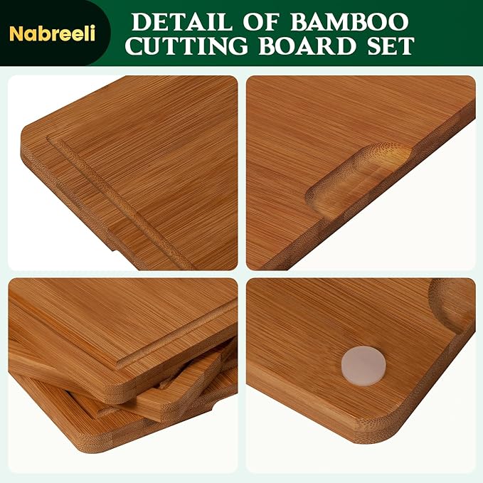 Bamboo Cutting Boards Set (3 Sizes) with Non-Slip Feet, Juice Groove & Handles - Non-Toxic Wood Chopping Boards for Meat, Veggies - Ideal Kitchen Gift for Home(S+M+L)
