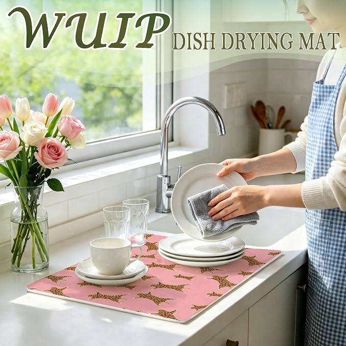 Pink Leopard Dish Drying Mats for Kitchen Counter, Retro Cheetah Animal Print Absorbent Reversible Coffee Bar Mat Drying Pad for Leopard Kitchen Decor, 12x15 Inch
