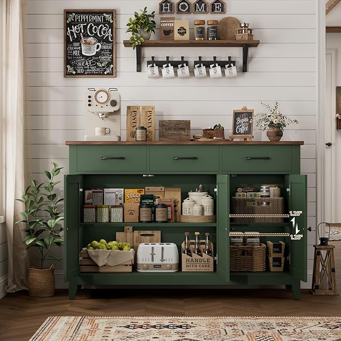 HORSTORS 47" Buffet Cabinet with Storage, Kitchen Buffet Table with Drawers, Modern Farmhouse Coffee Bar Storage Cabinet with Adjustable Shelf, Wood Sideboard for Dining Room, Kitchen, Entryway, Green