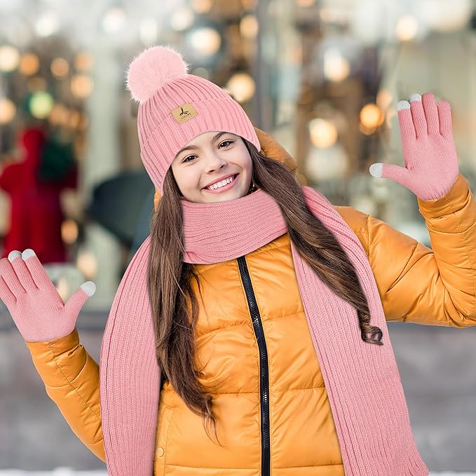 LOROME Women Winter Beanie Hat Scarf Gloves Set, Fleece Knitted Pompom Hat Warm Neck Scarf Touchscreen Gloves Winter Gift
