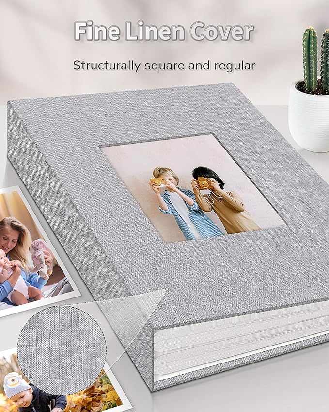 Photo Album 4x6 with 300 Pockets,Slip-in Picture Albums,Linen Cover Memory Book with Front Window,White Page Vertical Photo Book for Wedding,Family,Anniversare,Baby,Vacation