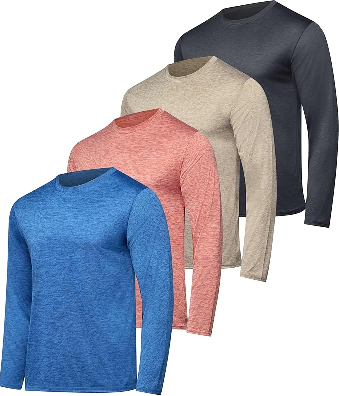 Real Essentials 4 Pack: Mens Long Sleeve Dry Fit T Shirts Hiking Fishing Workout Gym Work Sun UPF 50 Wicking Running Tee