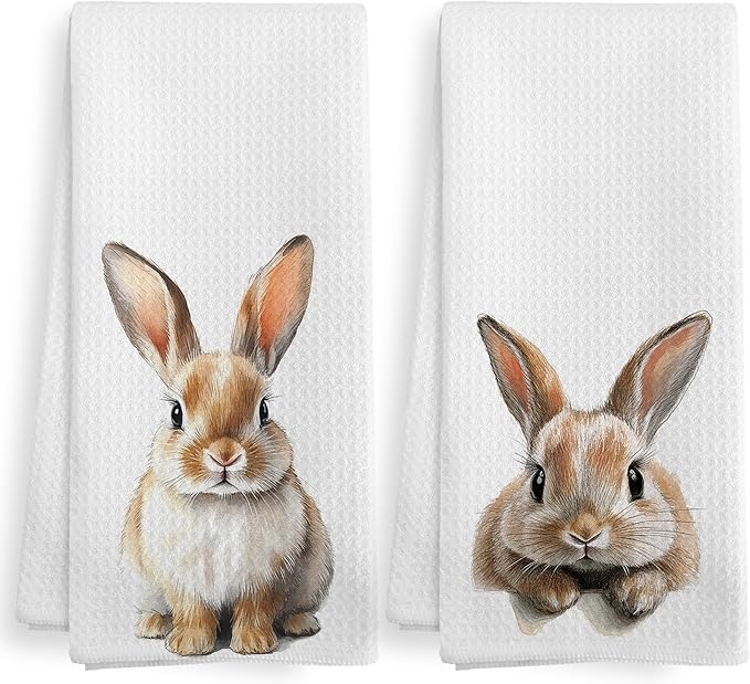 Funny Bunny Rabbit Kitchen Towels and Dishcloths Sets of 2, Bunny Nursery Decor Gifts, Fall Woodsy Rustic Forest Farm Nursery Decor Dish Hand Tea Towels for Home Bathroom Kitchen, 16x24 Inch
