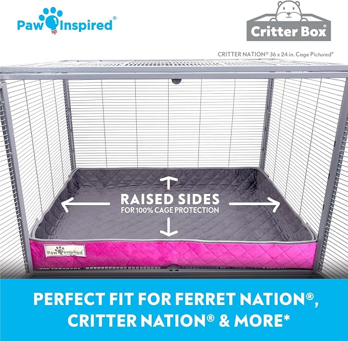 Paw Inspired Reversible Critter Box, Critter Nation, Gray/Pink | Washable Fleece Liner for Critter Nation/Ferret Nation Cage, Raised Sides, Bedding, Edge Protected Pee Pads for Small Pets