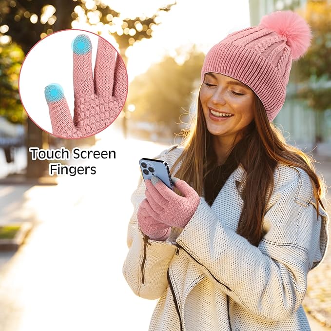 SATINIOR 5 Pcs Winter Hat Scarf Gloves Set Fleece Lined Knit Beanie Hat Warm Touch Screen Gloves Earmuff Warmer for Women(Pink,Beauty Style)