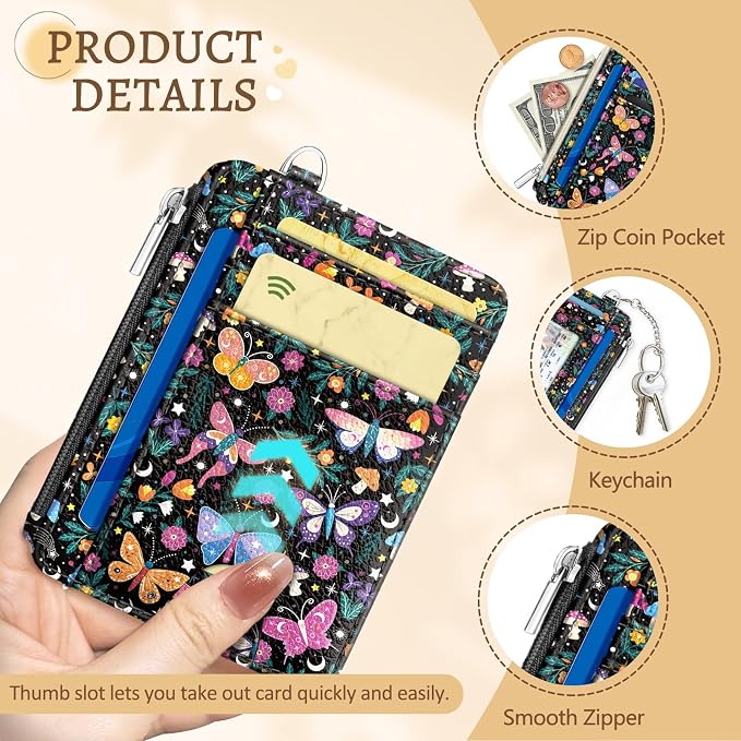 Kelvoris Credit Card Holder Small Wallet Women, Slim RFID, Butterflies | Keychain, Zipper Coin Pocket, Front Pocket Thin Travel Card Case, Minimalist, 6 Card Slots, 1 ID Window, Ladies Gifts Woman