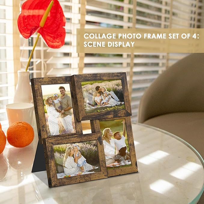 4x6 Collage Picture Frame Tempered Glass Front, Displays Four 4x6 Photo, Family Photo Collage Frame, Wall Decor Wall Hanging or Tabletop, Brown