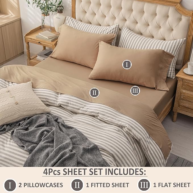 PURE ERA Jersey Knit 4pc Bed Sheet Set 100% T-Shirt Cotton Super Soft Comfy Breathable Fits Mattress Up to 20" Extra Deep Pocket (Solid Toffee Brown, Queen)